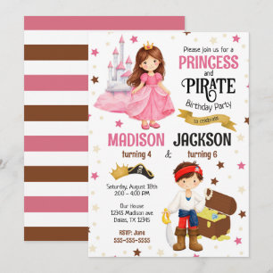 Invitation Princesse et Pirate Enfants Frères et Soeurs Anniv