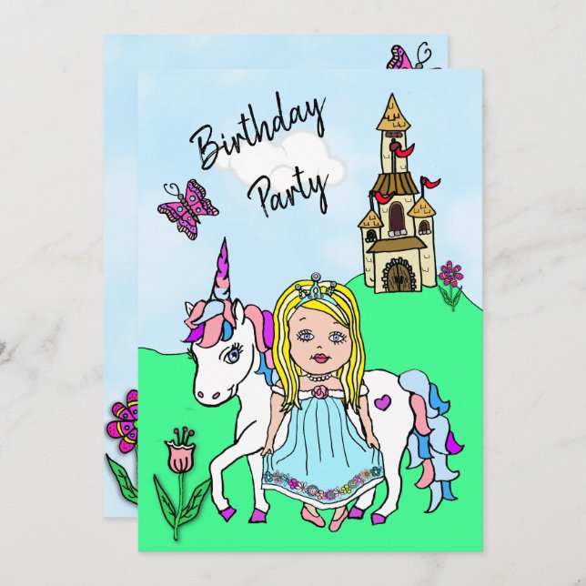 Invitation Princesse et Unicorn Fête d'anniversaire (Devant / Derrière)