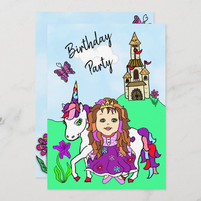 Invitation Princesse et Unicorn Fête d'anniversaire (Devant / Derrière)