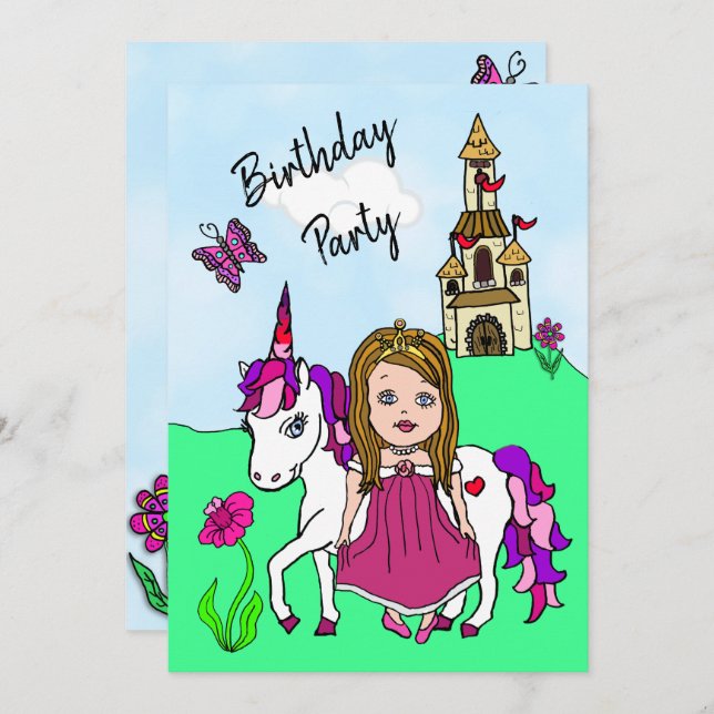 Invitation Princesse et Unicorn Fête d'anniversaire (Devant / Derrière)