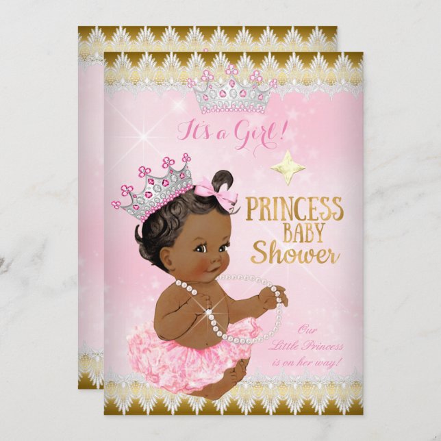 Invitation Princesse ethnique Baby shower rose Tutu Gold (Devant / Derrière)
