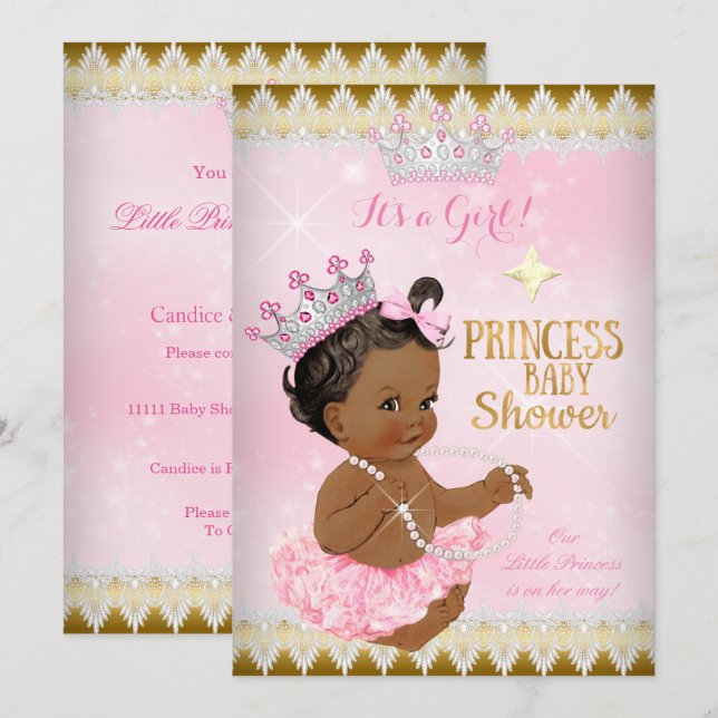 Invitation Princesse Ethnique Baby Shower Rose Tutu Or (Devant / Derrière)
