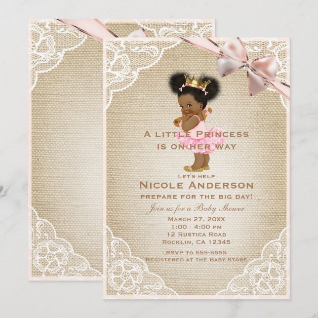 Invitation Princesse Ethnique Vintage Bébé Fille Salle Rustiq (Devant / Derrière)