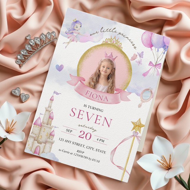 Invitation Princesse Fairytale Pink Gold Photo Girl'Anniversa (Little Princess Birthday Invitation with Photo, Gold Pink Glitter, Fairytale Whimsical Aesthetic)