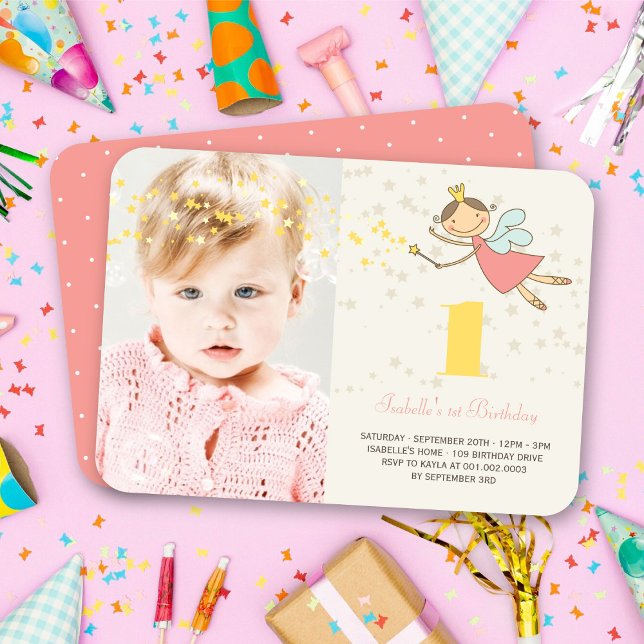 Invitation Princesse Fée Capricieuse 1er Anniversaire Photo d (Whimsical Pink Magical Fairy Princess Girl's 1st Birthday Party Photo Invitation @ fat_fa_tin)
