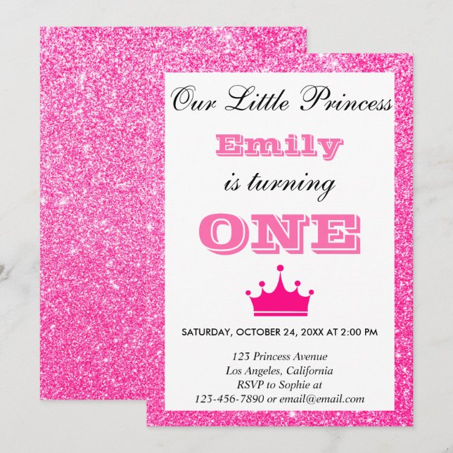 Invitation Princesse Féminine Paillettes Rose Chaud Premier A (Devant / Derrière)