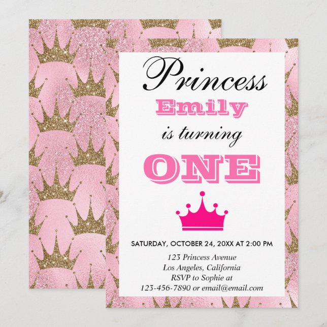 Invitation Princesse Féminine Rose & Paillettes Dorées Premie (Devant / Derrière)