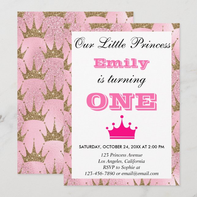Invitation Princesse Féminine Rose & Paillettes Dorées Premie (Devant / Derrière)