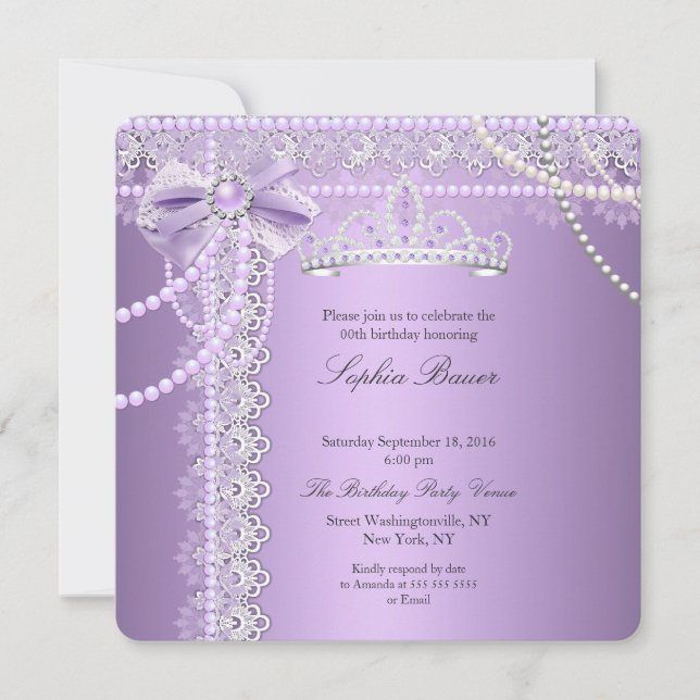 Invitation Princesse Fête d'anniversaire Ruban Dentelle Perle (Devant)