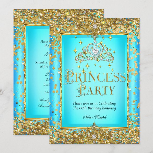Invitation Princesse fête d'anniversaire Turquoise Blue Gold  (Devant / Derrière)