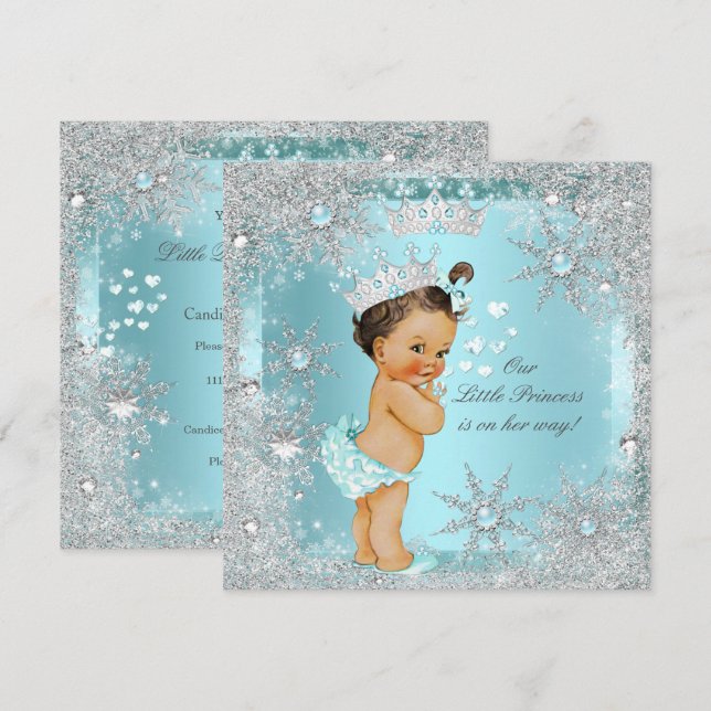 Invitation Princesse Fille Baby shower Turquoise Bleu Coeur B (Devant / Derrière)
