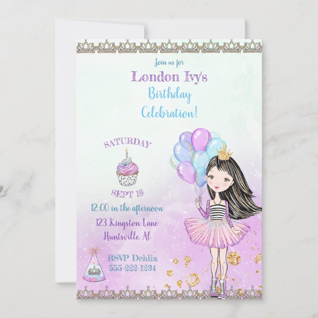 Invitation Princesse Fille d'anniversaire Cupcake Ballons Lav (Devant)