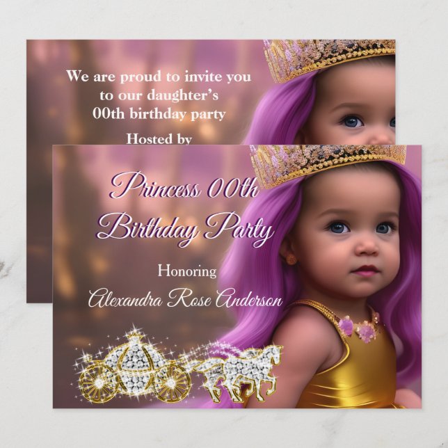 Invitation Princesse Fille Fête d'anniversaire Carriple or vi (Devant / Derrière)