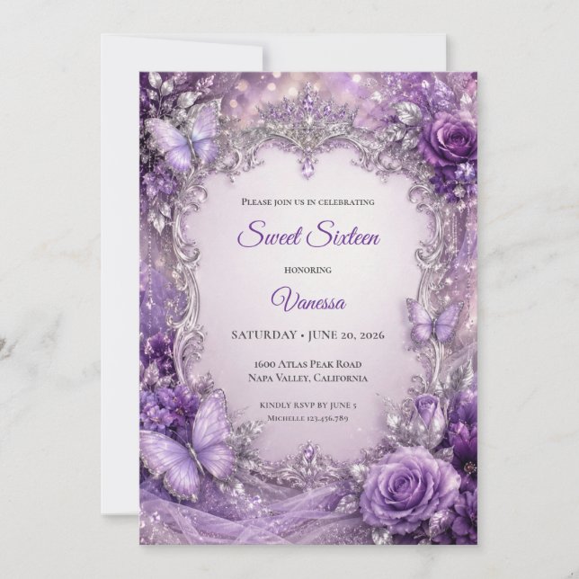 Invitation Princesse Fleurie Argent Violet Sweet 1 (Devant)