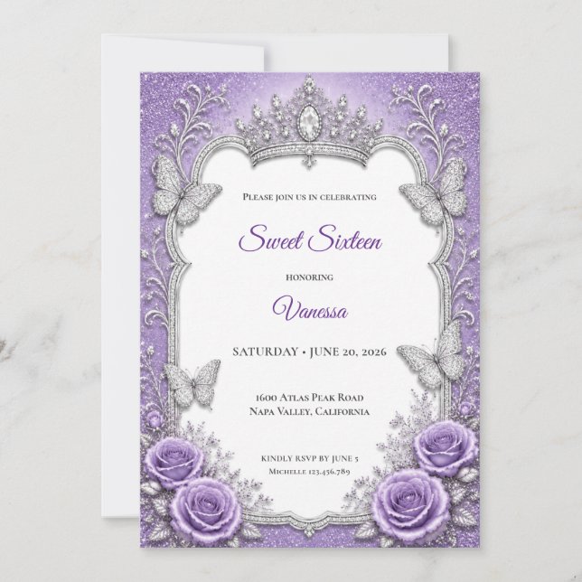 Invitation Princesse Fleurie Argent Violet Sweet 1 (Devant)