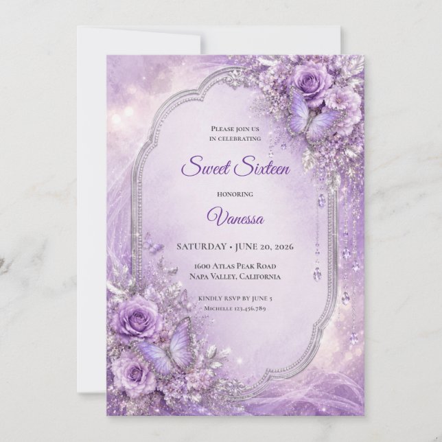Invitation Princesse Fleurie Argent Violet Sweet 1 (Devant)