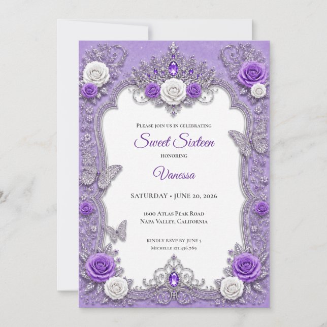 Invitation Princesse Fleurie Argent Violet Sweet 1 (Devant)