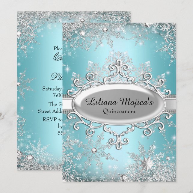 Invitation Princesse Flocon de Neige Cristal Bleu Quinceanera (Devant / Derrière)