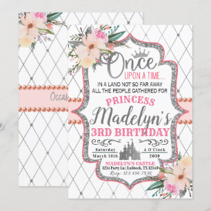 Invitation Princesse florale argentée rose Birthday