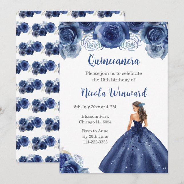 Invitation Princesse Florale en robe bleu marine Quinceanera (Devant / Derrière)