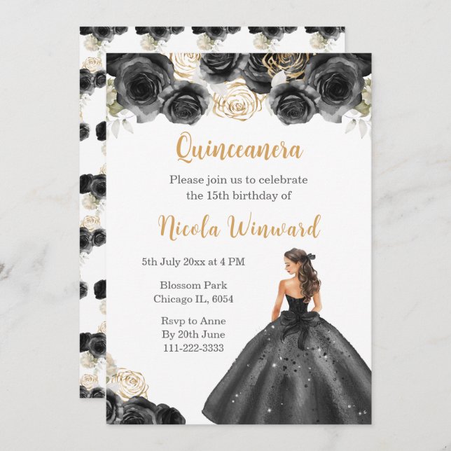 Invitation Princesse Florale en Robe Noire Quinceanera (Devant / Derrière)