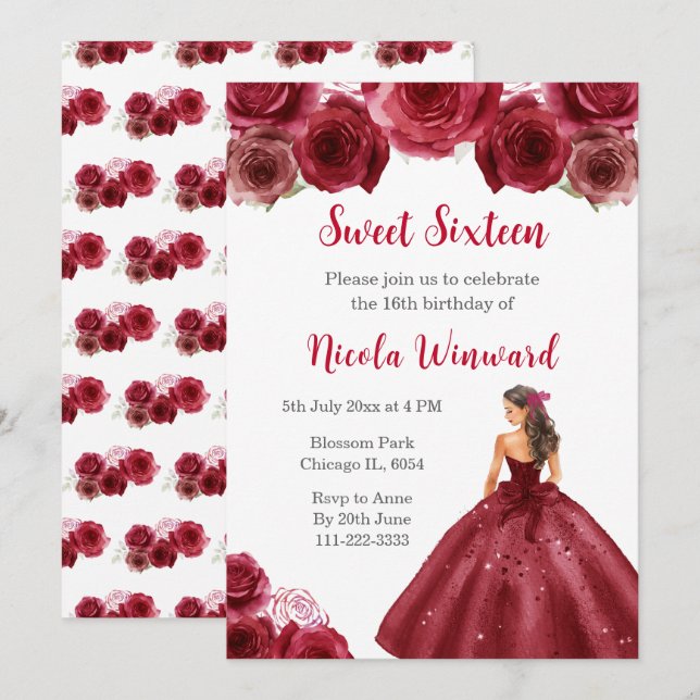 Invitation Princesse Florale en Sweet sixteen Robe Rouge (Devant / Derrière)