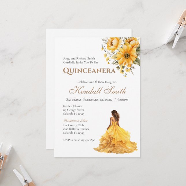 Invitation Princesse Florale Jaune et Or Quinceanera (Devant/Arrière en situation)