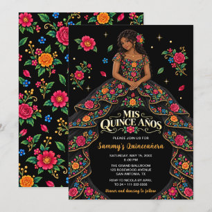 Invitation Princesse Florale Mexicaine Quinceañera Noire
