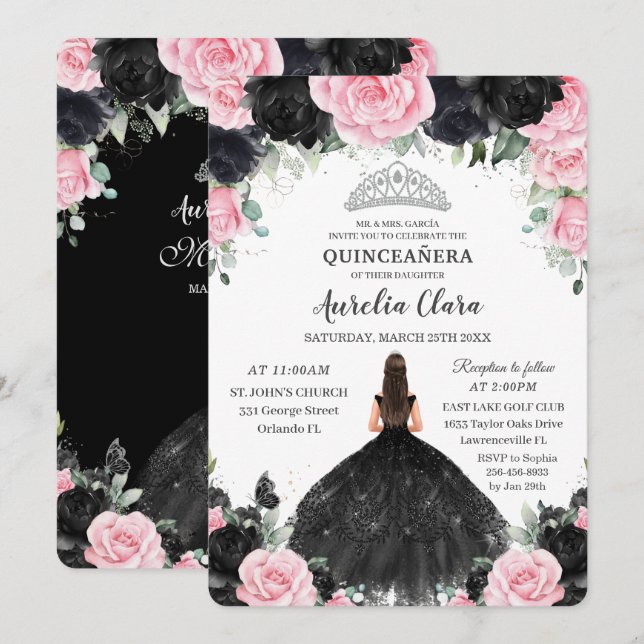 Invitation Princesse Florale Rose Noire Gown Silver Quinceañe (Devant / Derrière)