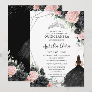 Invitation Princesse Florale Rose Noire Silver Quinceañera