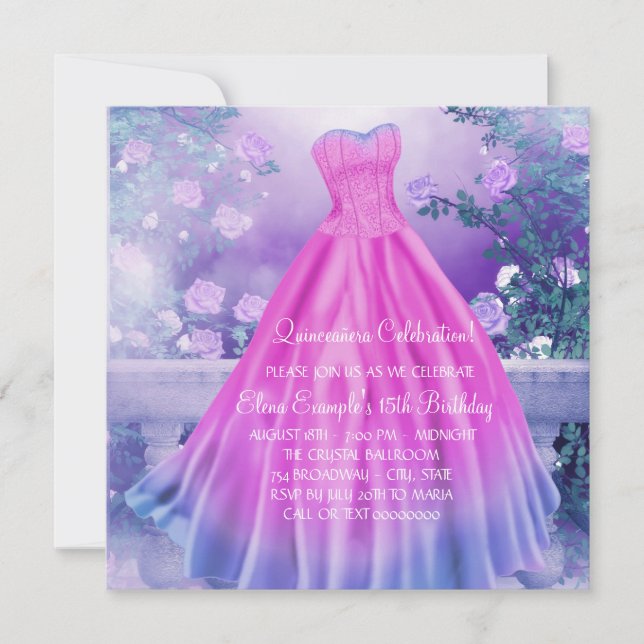 Invitation Princesse Florale rose pourpre Quinceañera (Devant)