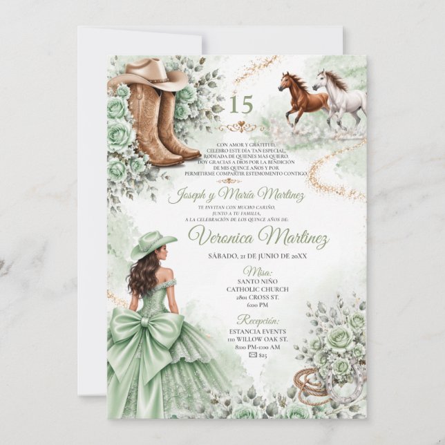 Invitation Princesse Florale Verte Sage Espagnole Western 15  (Devant)