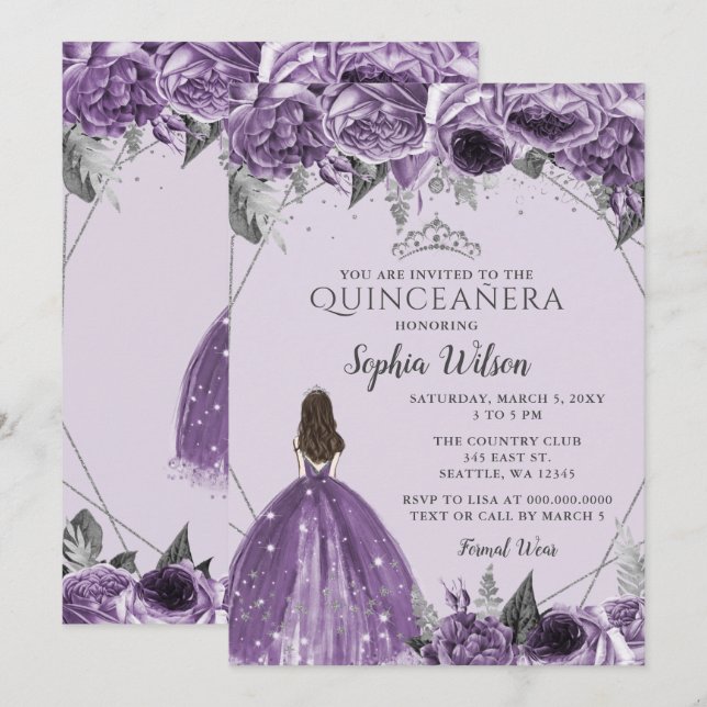 Invitation Princesse Florale violette en argent Quinceañera (Devant / Derrière)