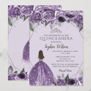 Invitation Princesse Florale violette en argent Quinceañera