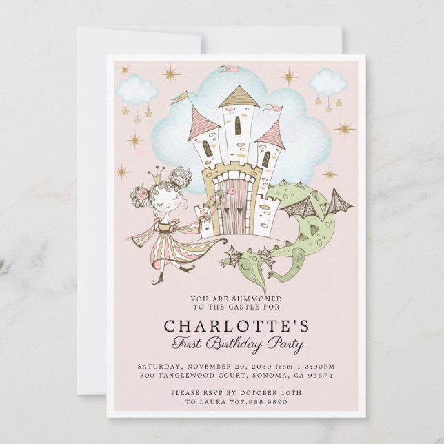 Invitation Princesse Girl's Pink Gold 1er anniversaire Invita (Devant)