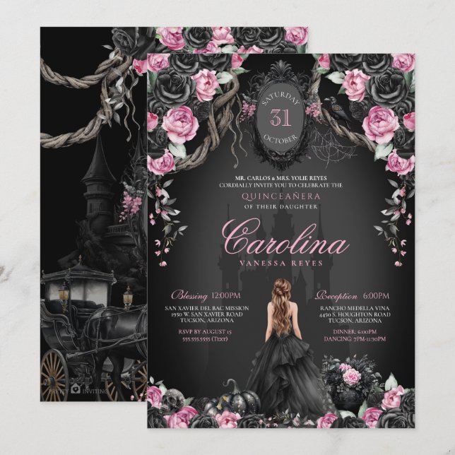 Invitation Princesse Halloween noir rose Quinceanera (Devant / Derrière)