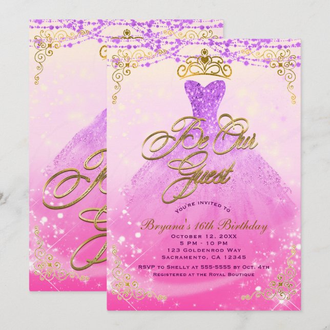 Invitation Princesse Invitée de la Fête Rose et Or 16 Ans (Devant / Derrière)