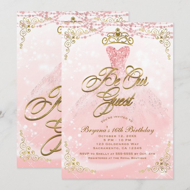Invitation Princesse Invitée d'Honneur Rose et Or Fête Douce  (Devant / Derrière)