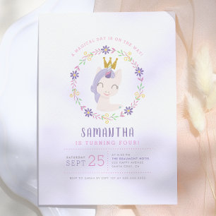 Invitation Princesse Licorne Magique   Anniversaire Rose & Or