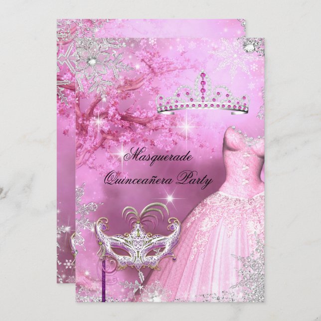 Invitation Princesse Magique Quinceanera Masquerade Rose 2 (Devant / Derrière)