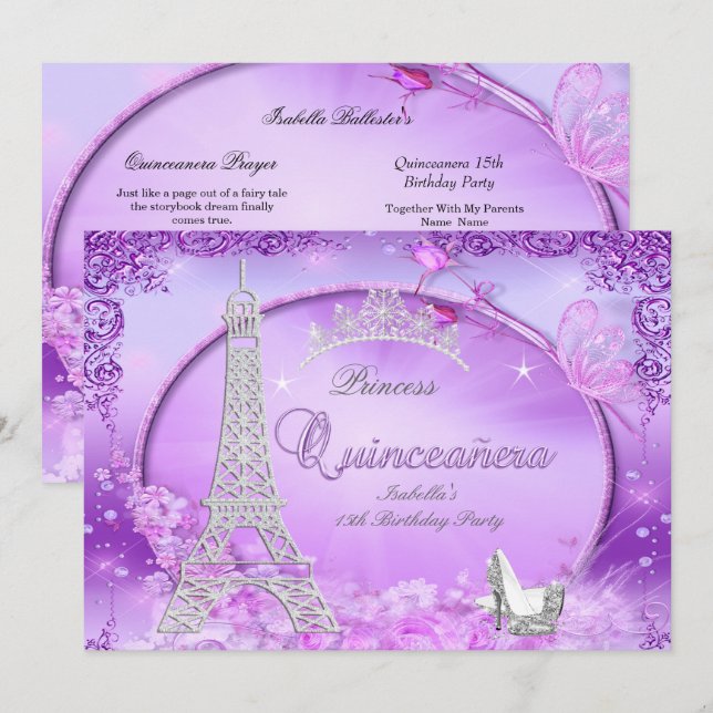 Invitation Princesse Magique Quinceanera Purple talons hauts (Devant / Derrière)