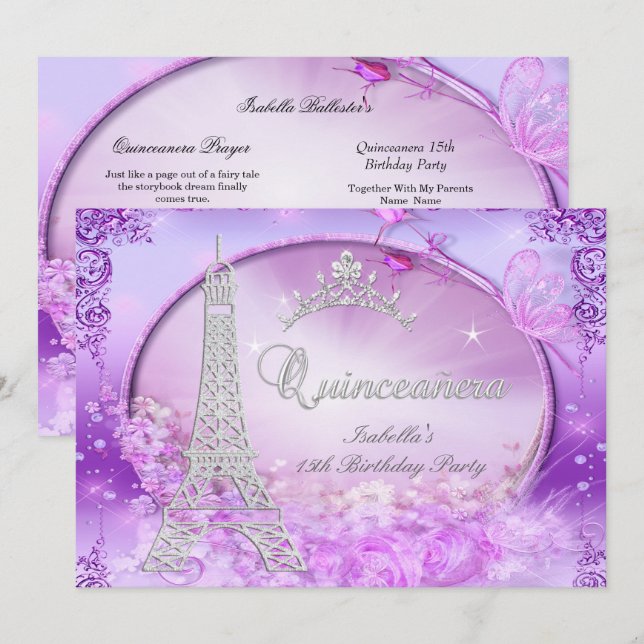 Invitation Princesse Magique Quinceanera violet rose Tiara (Devant / Derrière)