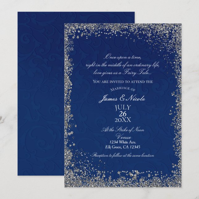 Invitation Princesse Mariage Livre de Contes Bleu Nuit Argent (Devant / Derrière)