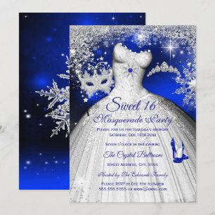 Invitation Princesse Mascarade Sweet 16 Bleu Royal Argent