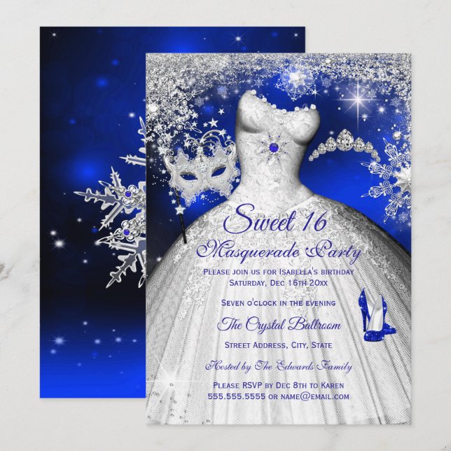 Invitation Princesse Mascarade Sweet 16 Bleu Royal Argent (Devant / Derrière)