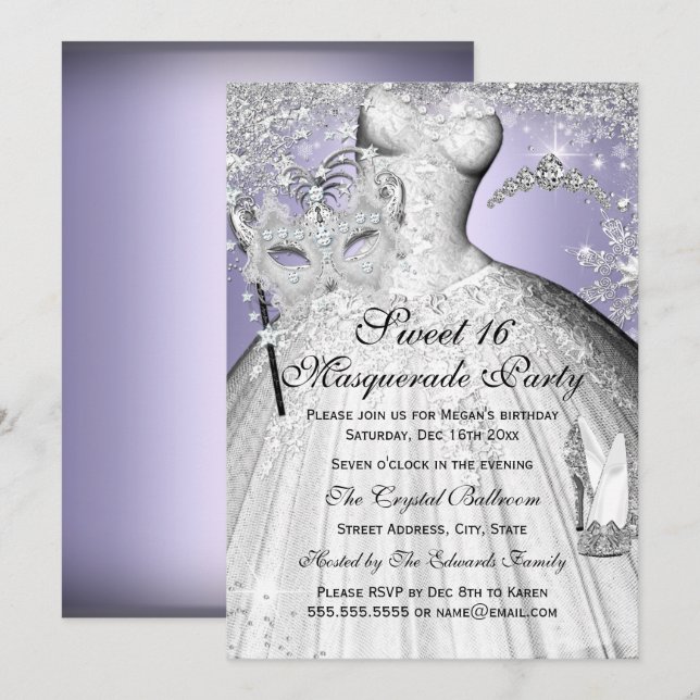 Invitation Princesse Masquerade Silver & Purple Sweet 16 (Devant / Derrière)