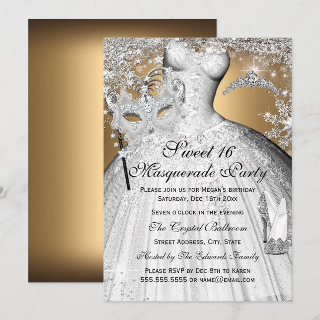 Invitation Princesse Masquerade Sweet 16 Argent Or (Devant / Derrière)