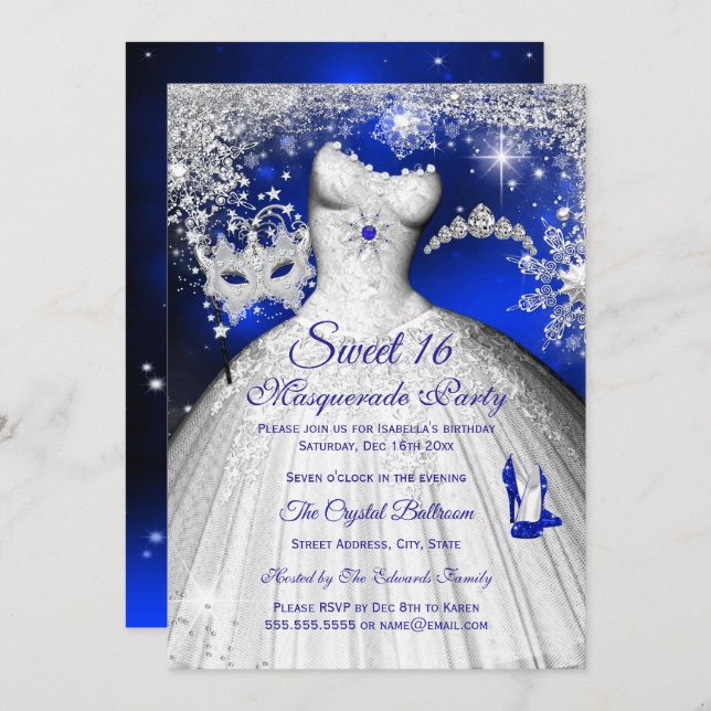 Invitation Princesse Masquerade Sweet 16 Royal Blue Silver (Devant / Derrière)