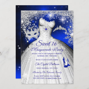 Invitation Princesse Masquerade Sweet 16 Royal Blue Silver