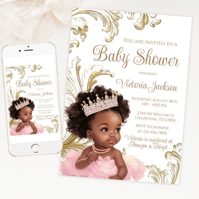 Invitation Princesse noire Baby Shower Rose Gold (Pretty pink and gold African princess baby shower invitation for print and digital download.)